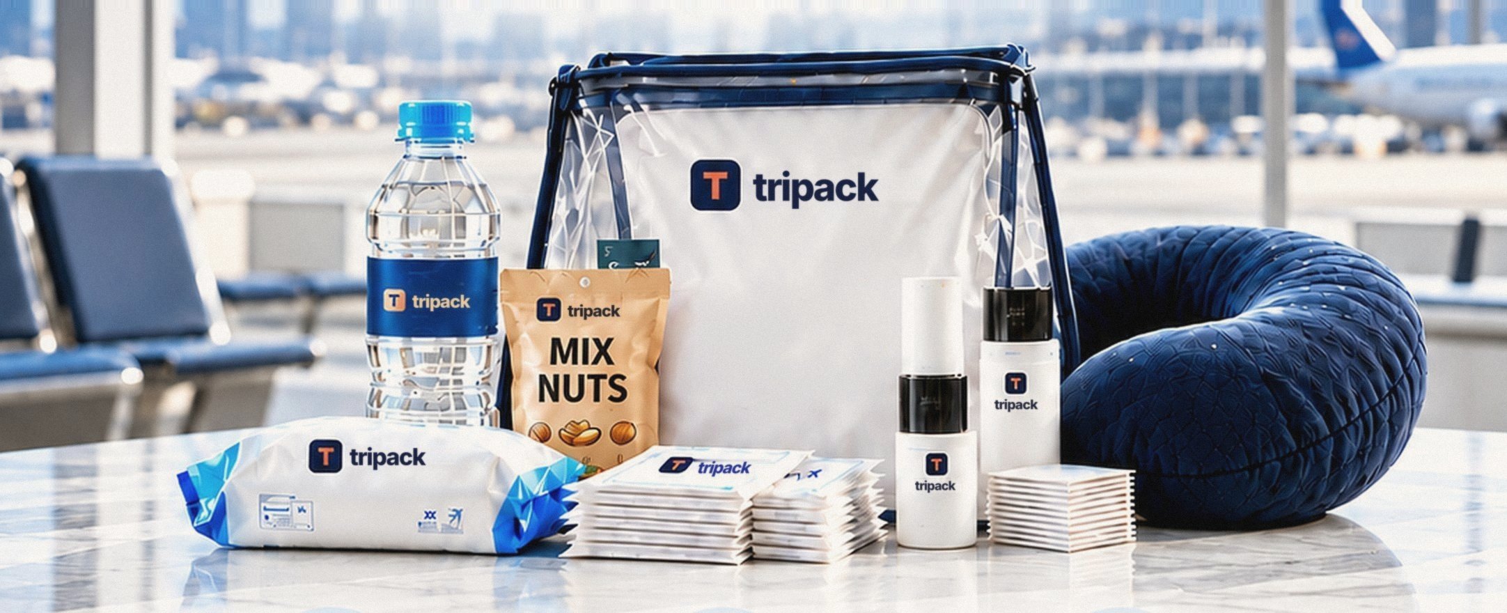 TRIPACK 로고가 인쇄된 투명 파우치와 생수, 견과류, 물티슈, 세면용품, 목베개로 구성한 여행 키트